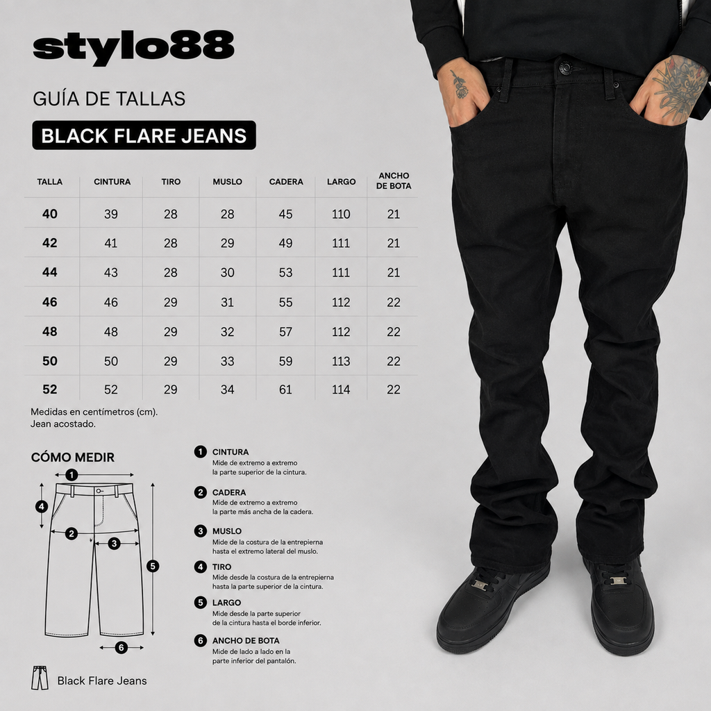 Black Flare Jeans — guía de tallas 40 a 52, medidas en centímetros