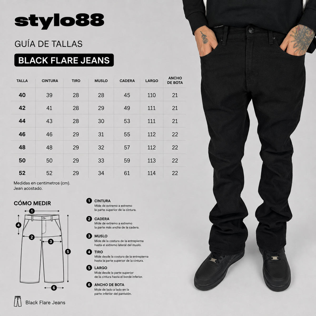 Black Flare Jeans — guía de tallas 40 a 52, medidas en centímetros