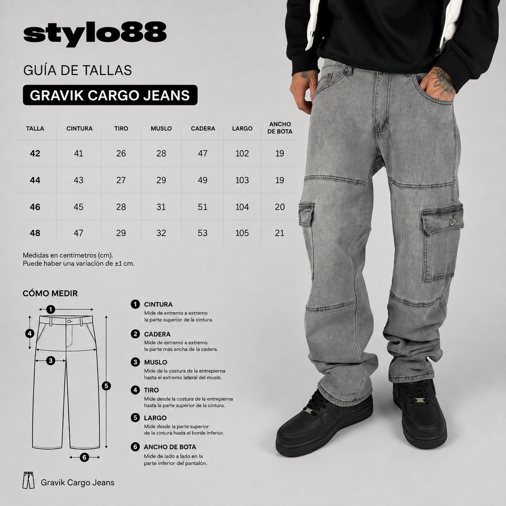 Gravik Cargo Jeans — guía de tallas y medidas en centímetros