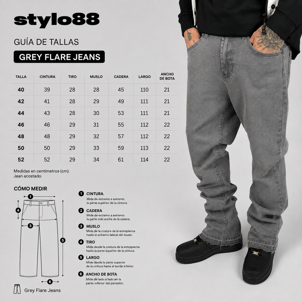 Grey Flare Jeans — guía de tallas 40 a 52, medidas en centímetros