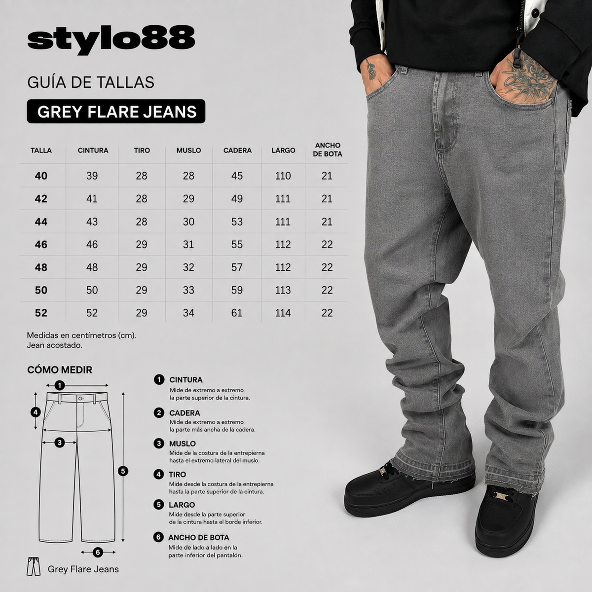 Grey Flare Jeans — guía de tallas 40 a 52, medidas en centímetros