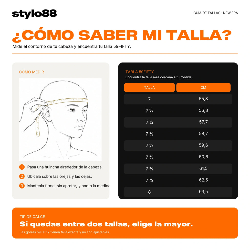 Guía de tallas New Era 59FIFTY Stylo 88 — medidas en centímetros