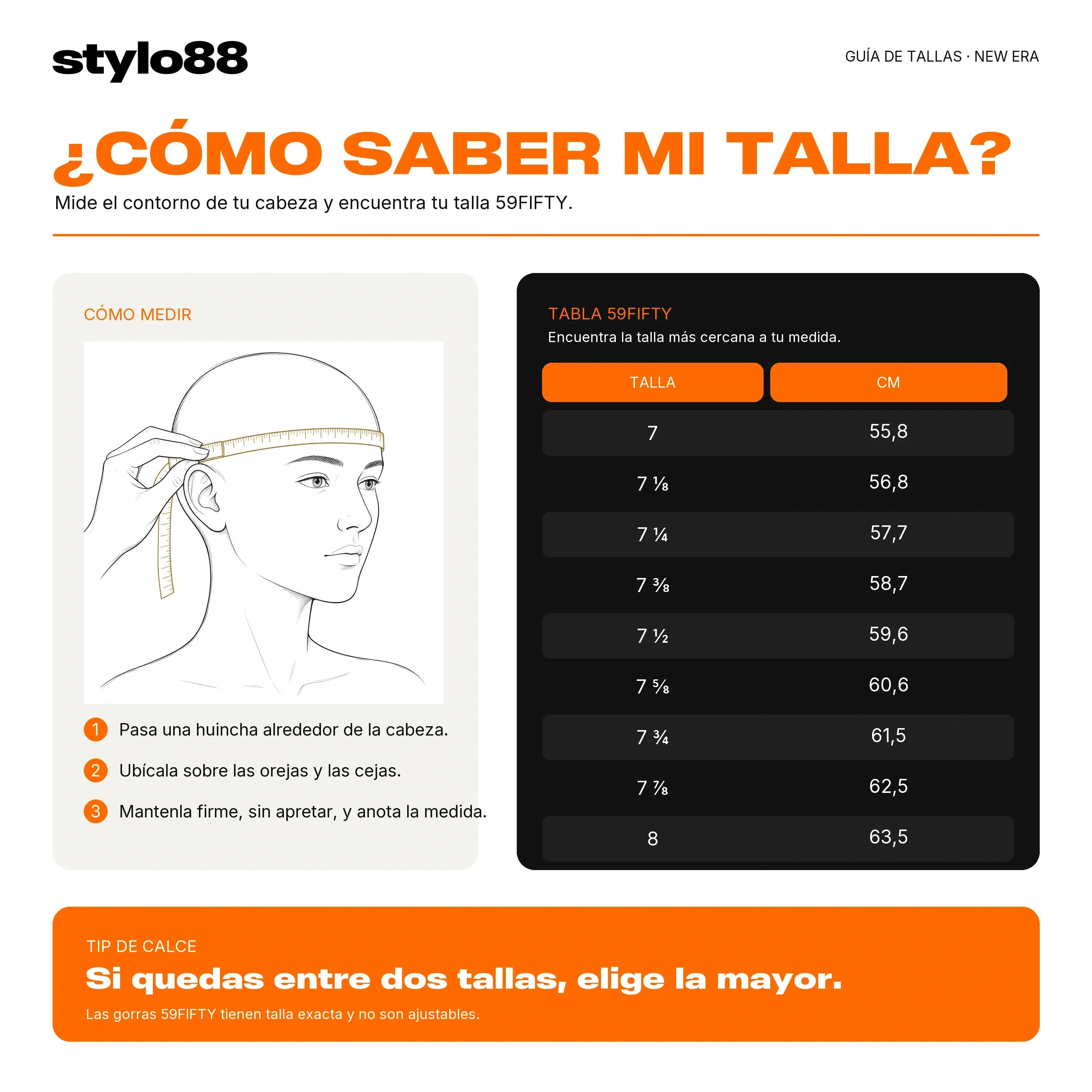 Guía de tallas New Era 59FIFTY Stylo 88 — medidas en centímetros