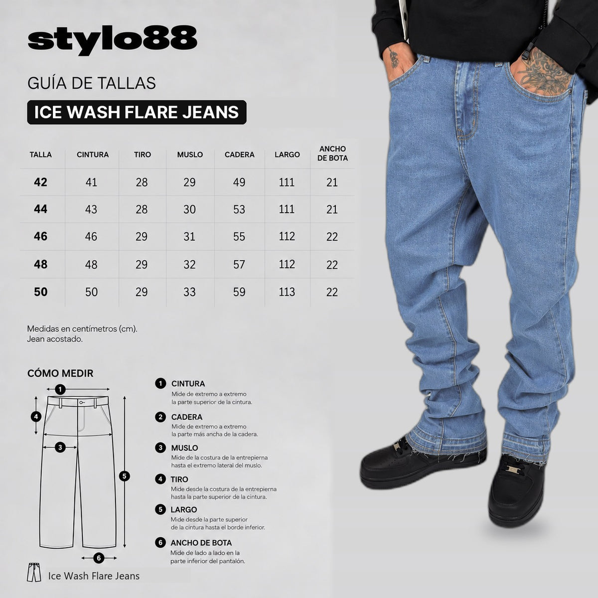 Ice Wash Flare Jeans — guía de tallas 42 a 50, medidas en centímetros