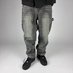 Jeans carpintero gris hombre corte baggy Stylo 88, vista frontal con doble rodilla y bolsillos cargo