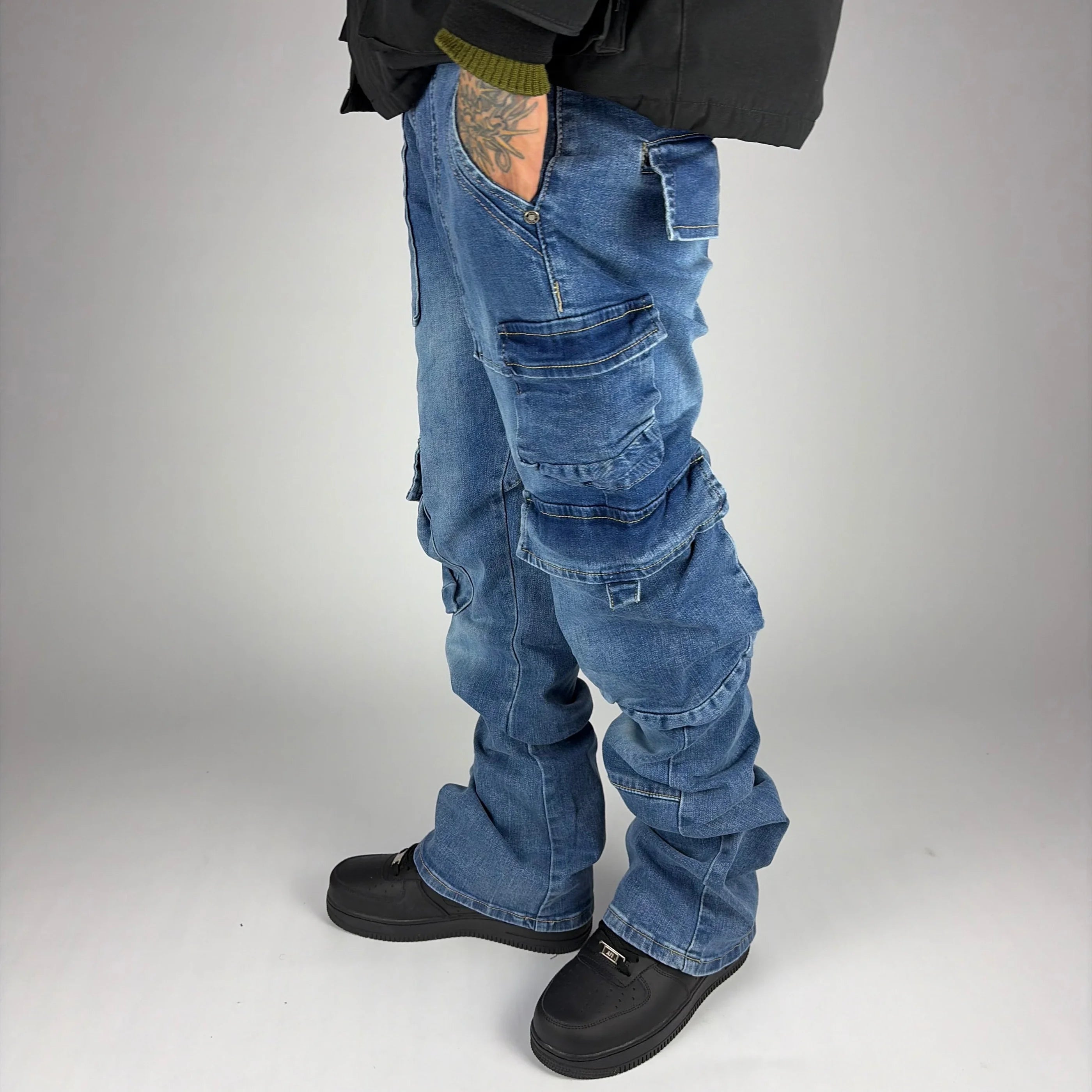 Pocket Flare Cargo Jeans hombre Stylo 88, vista frontal — denim streetwear Chile