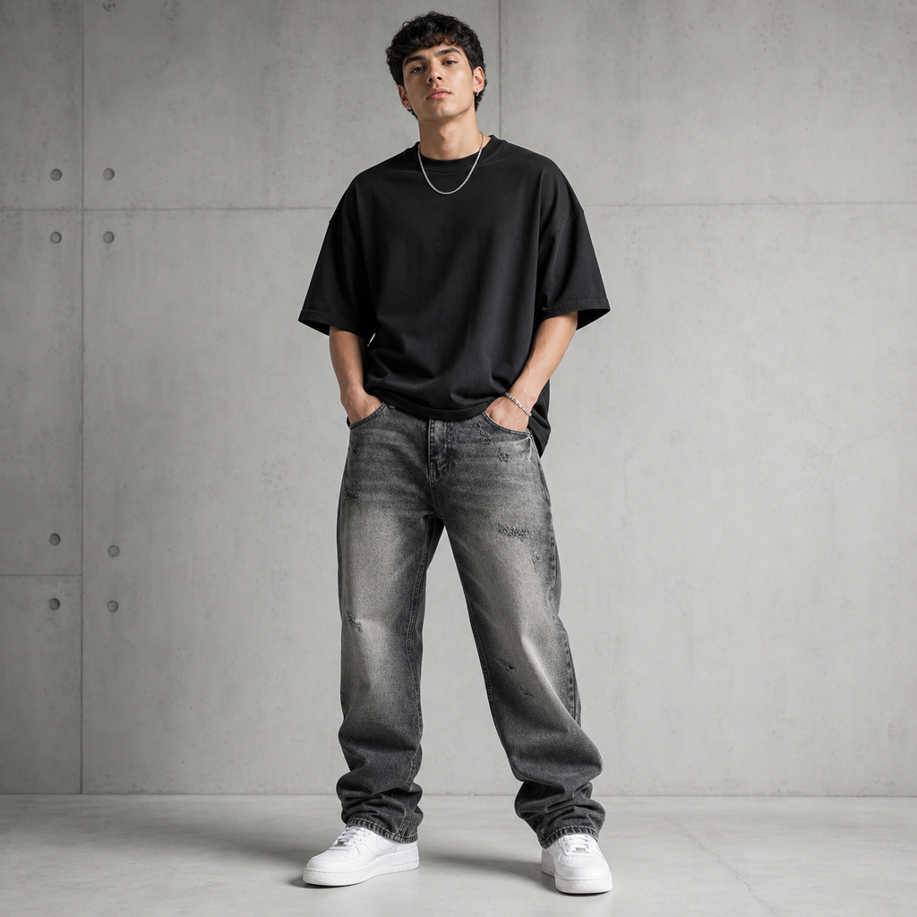 Hombre chileno de 21 anos estilo urbano usando Pulsar Jeans gris negro lavado