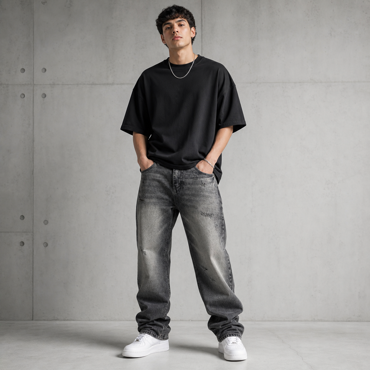 Hombre chileno de 21 anos estilo urbano usando Pulsar Jeans gris negro lavado