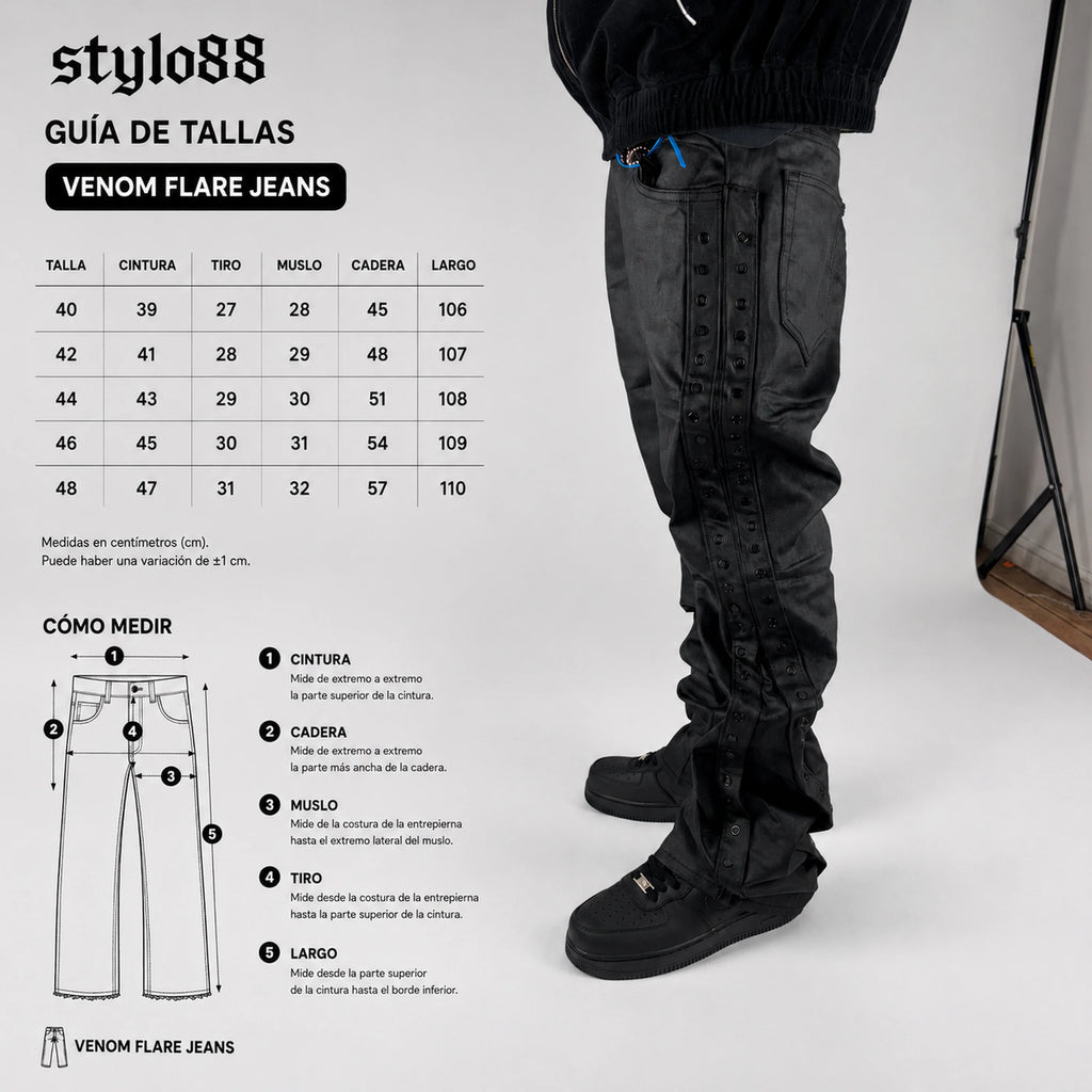 Venom Flare Jeans hombre Stylo 88, look completo en modelo — denim streetwear Chile