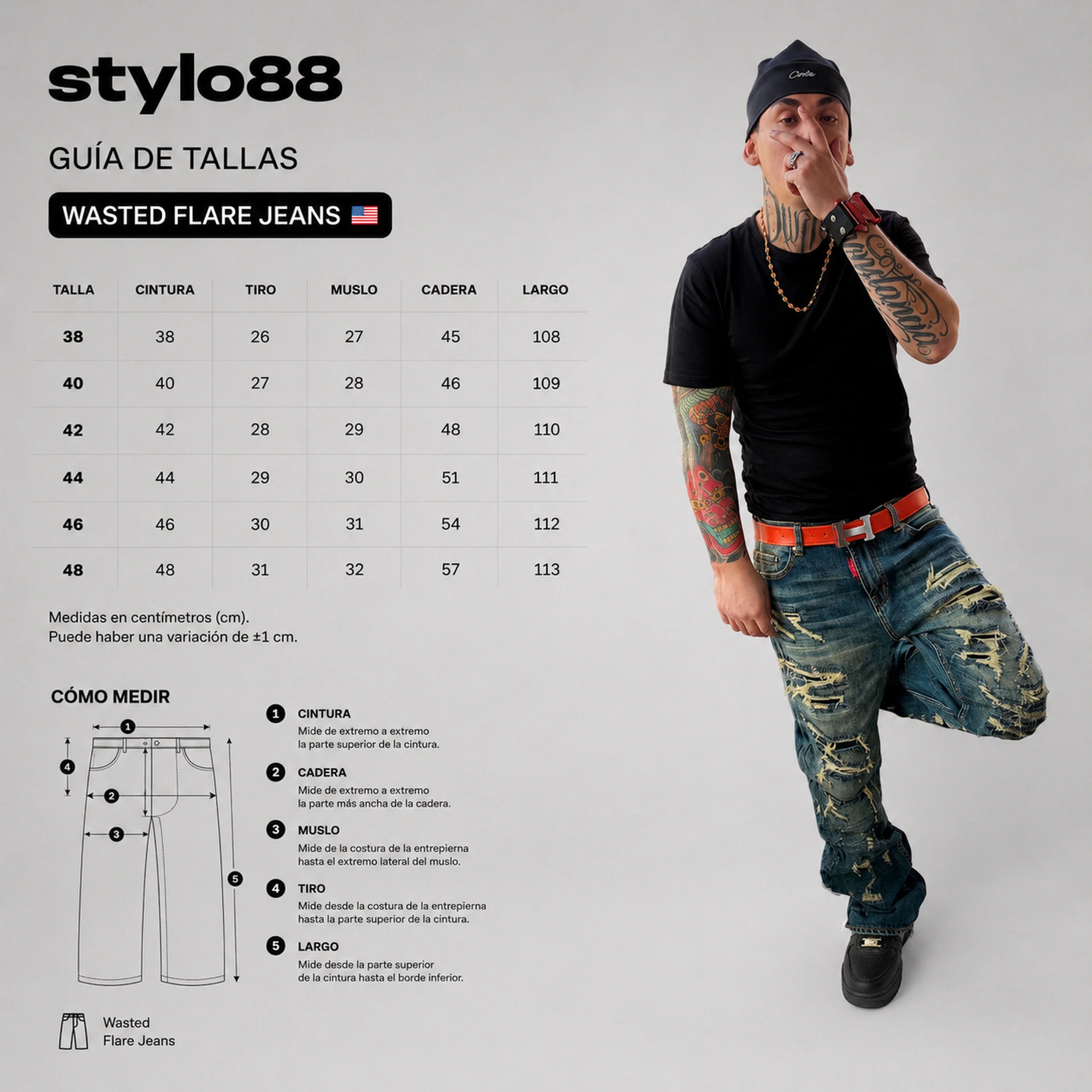 Wasted Flare Jeans hombre Stylo 88, vista adicional — denim streetwear Chile